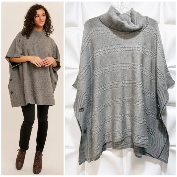 Calvin Klein Sz S / M Gray Cable Knit Poncho Sweater Cable Knit Cowl Turtleneck - Picture 1 of 9